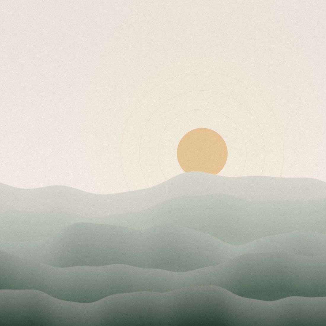Illustration of a low sun rising over layered, misty green hills